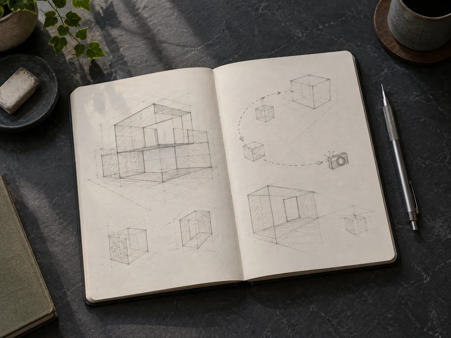 Illustrative AI image: an open notebook with pencil sketches of wireframe boxes and a camera path arrow, with no words