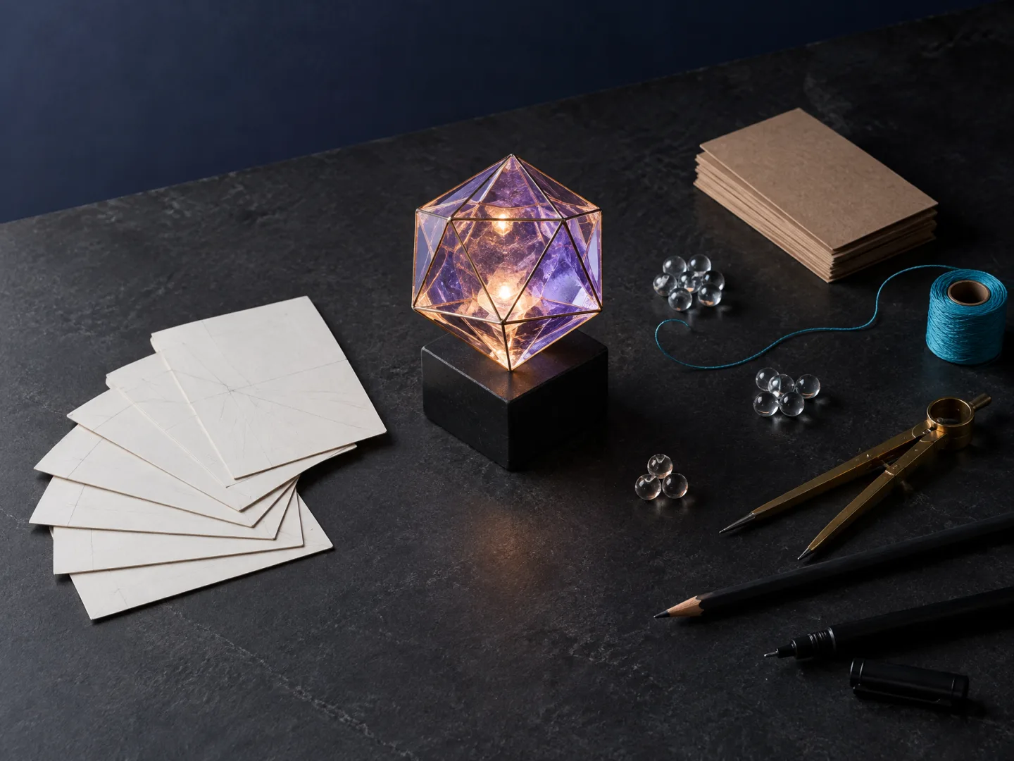 Illustrative AI image: a faceted glass object glowing violet and amber on a dark slate table, with blank index cards and clear glass beads around it