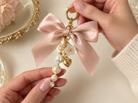 Illustrative AI image: hands holding a satin bow charm with a pearl strand, flower and gold heart