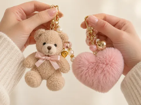 Illustrative AI image: hands holding a small teddy plush charm and a pink heart pom-pom charm