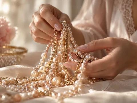 Illustrative AI image: hands holding layered pearl strands and gold chain in soft sunlight