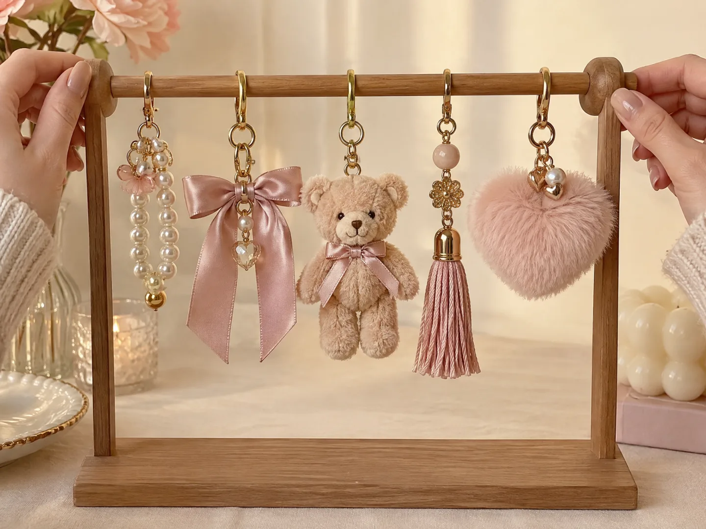 Illustrative AI image: five finished handmade charms hanging on a small rack
