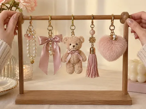 Illustrative AI image: five finished handmade charms hanging on a small rack