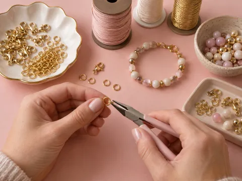 Illustrative AI image: hands using small pliers on a gold ring, with clasps, cord spools and a beaded bracelet nearby