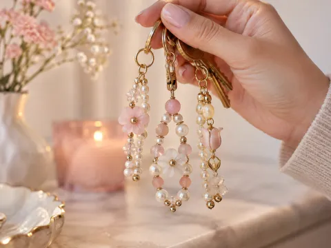 Illustrative AI image: beaded keychains with pearls and flowers hanging from a hand holding keys