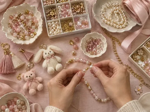 Illustrative AI image: overhead view of bead trays, tassels and plush charms on pink linen while hands thread a pearl strand