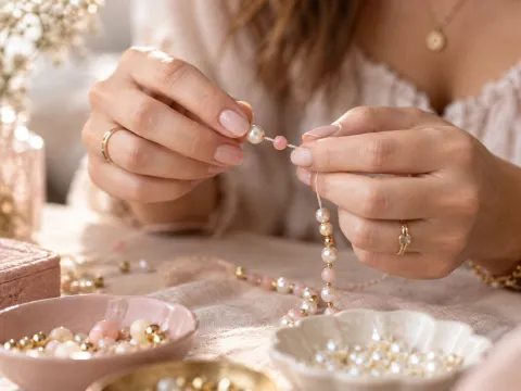 Illustrative AI image: hands threading pearls and pastel beads onto a cord