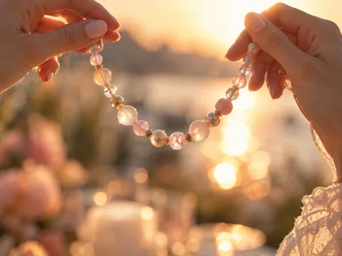 Illustrative AI image: hands holding up a string of pastel beads and pearls against warm golden light