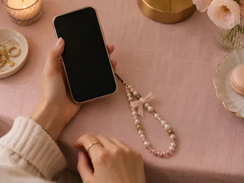 Illustrative AI image: a phone with a beaded phone strap charm on pink linen