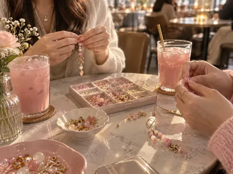 Illustrative AI image: a cafe table with iced drinks, a tray of beads and a half-finished charm