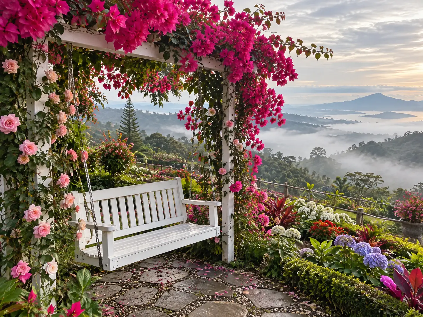 Illustrative AI image: white garden swing wrapped in roses and bougainvillea