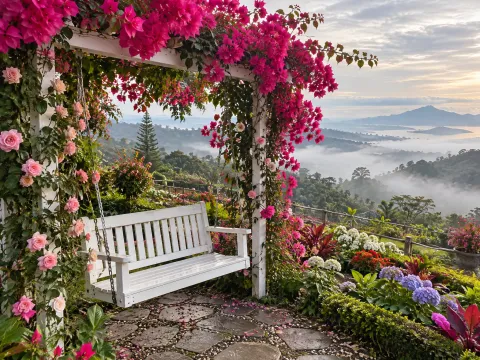 Illustrative AI image: white garden swing wrapped in roses and bougainvillea