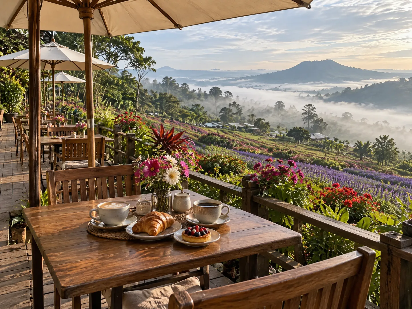 Illustrative AI image: wooden café terrace with coffee and pastries overlooking flower fields