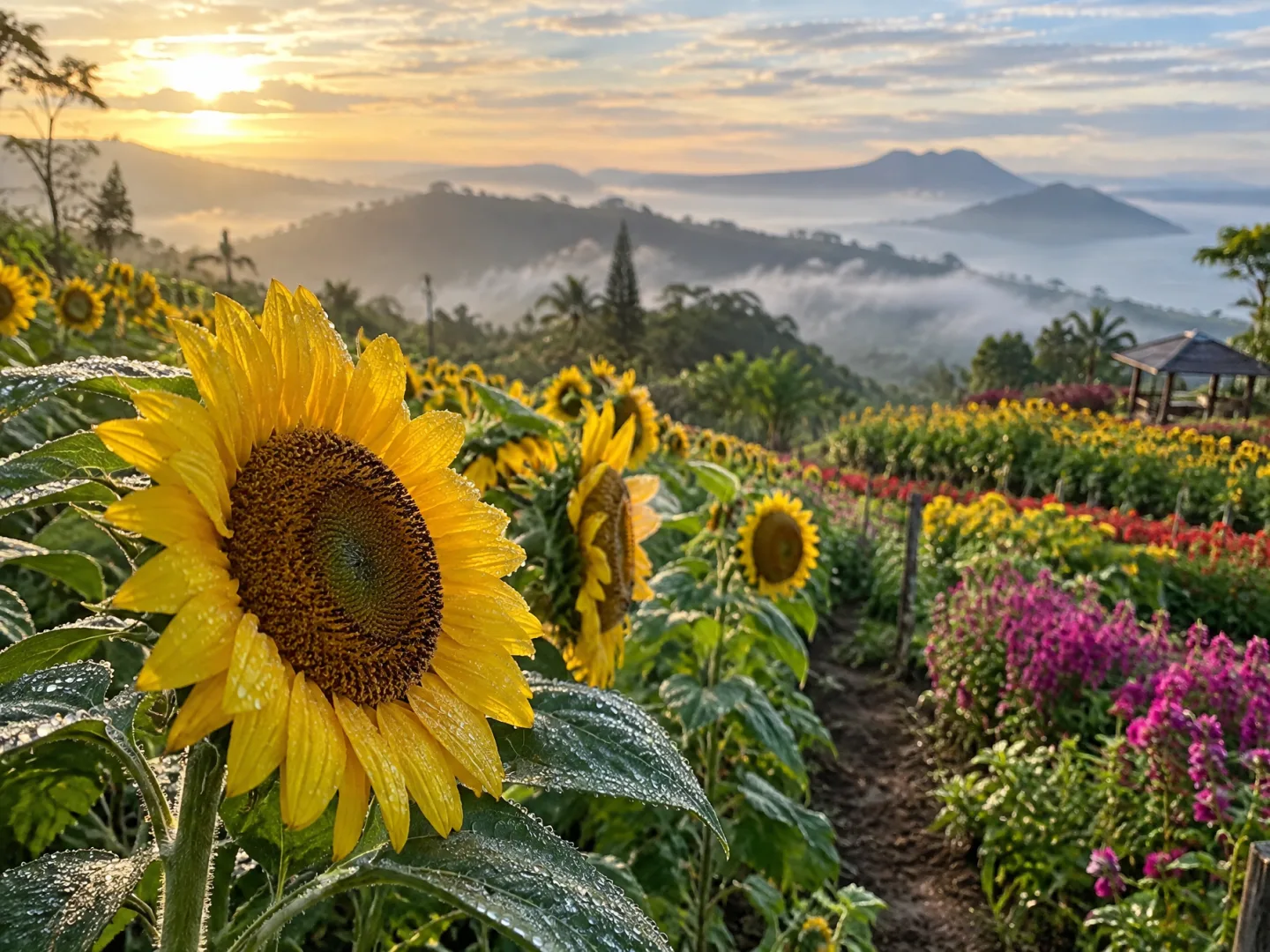 Illustrative AI image: rows of sunflowers with morning dew