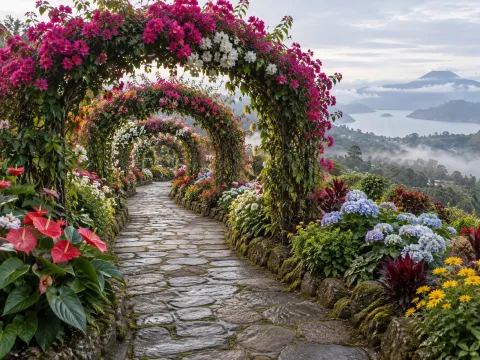 Illustrative AI image: tunnel of flower arches over a stone path