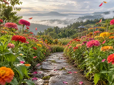 Illustrative AI image: stone path between tall zinnias with petals in the air