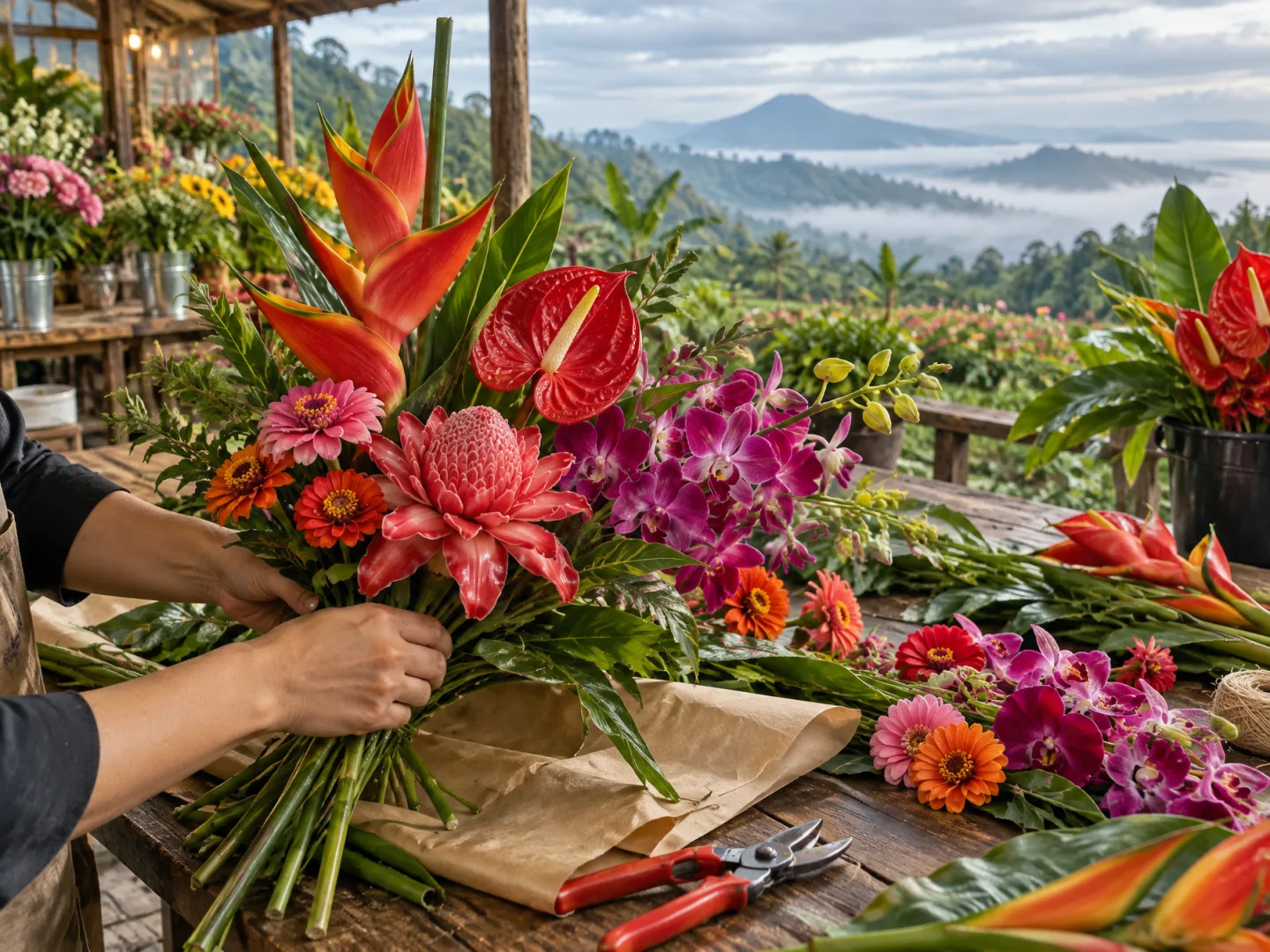 Illustrative AI image: hands arranging tropical and field flowers on a wooden table