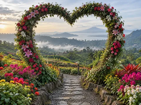 Illustrative AI image: heart-shaped flower arch photo spot on a path through fields