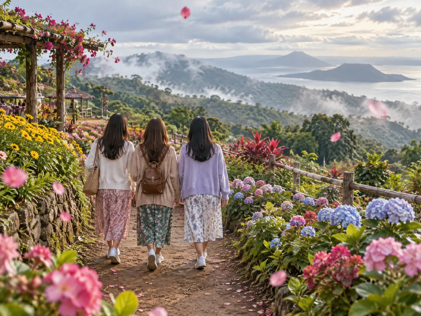 Illustrative AI image: three friends seen from behind walking a path between flower beds with petals drifting