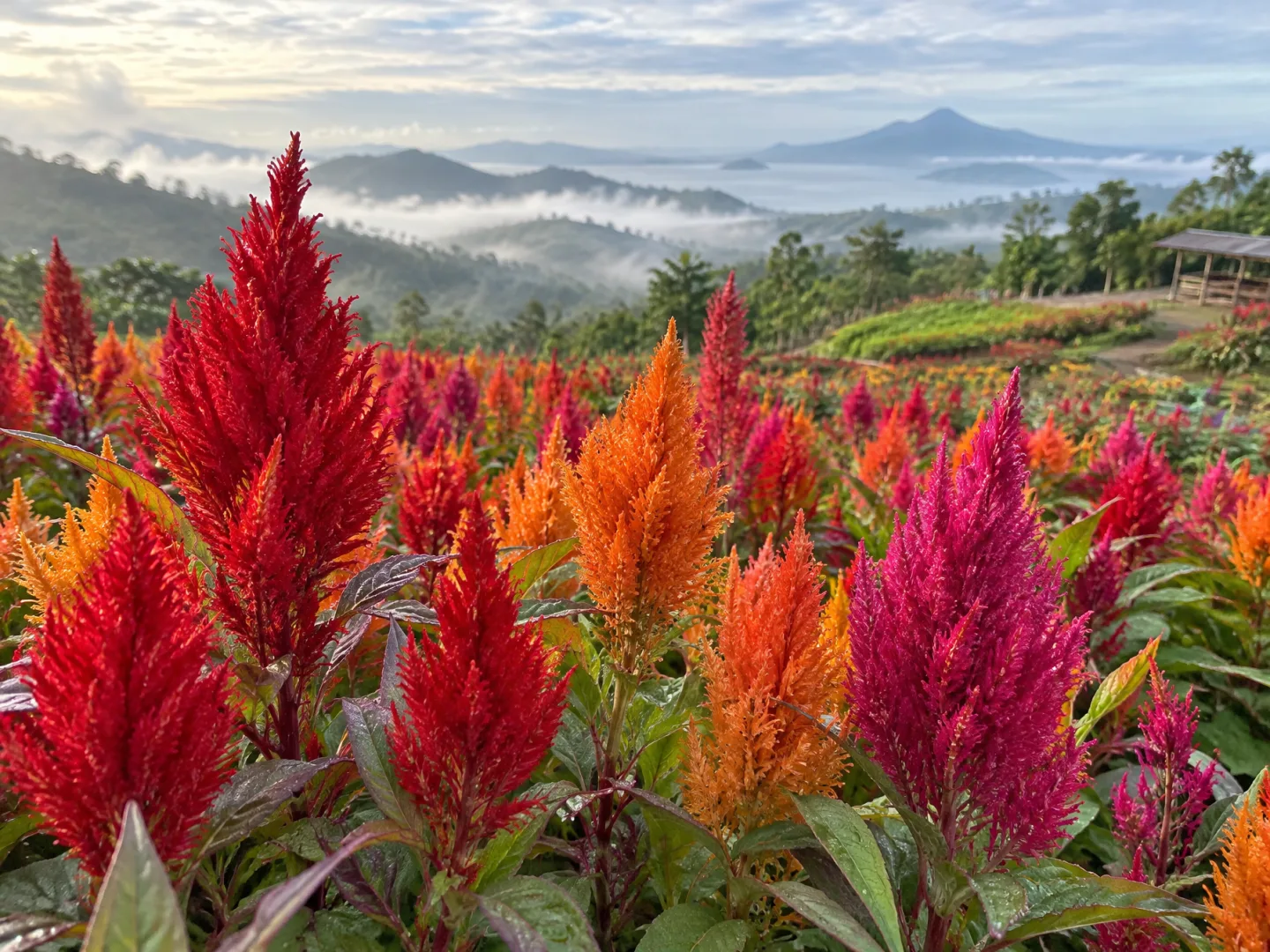 Illustrative AI image: red, orange and magenta celosia plumes