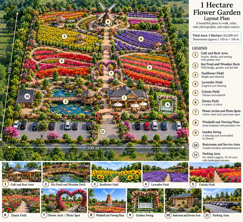 Illustrative concept plan of a one-hectare flower garden with a café, fields, arches, windmill plaza and parking