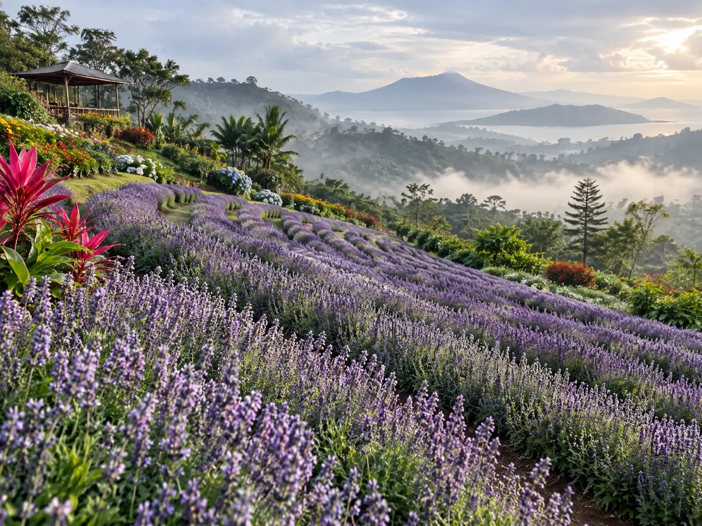 Illustrative AI image: lavender rows curving over a gentle slope in mist