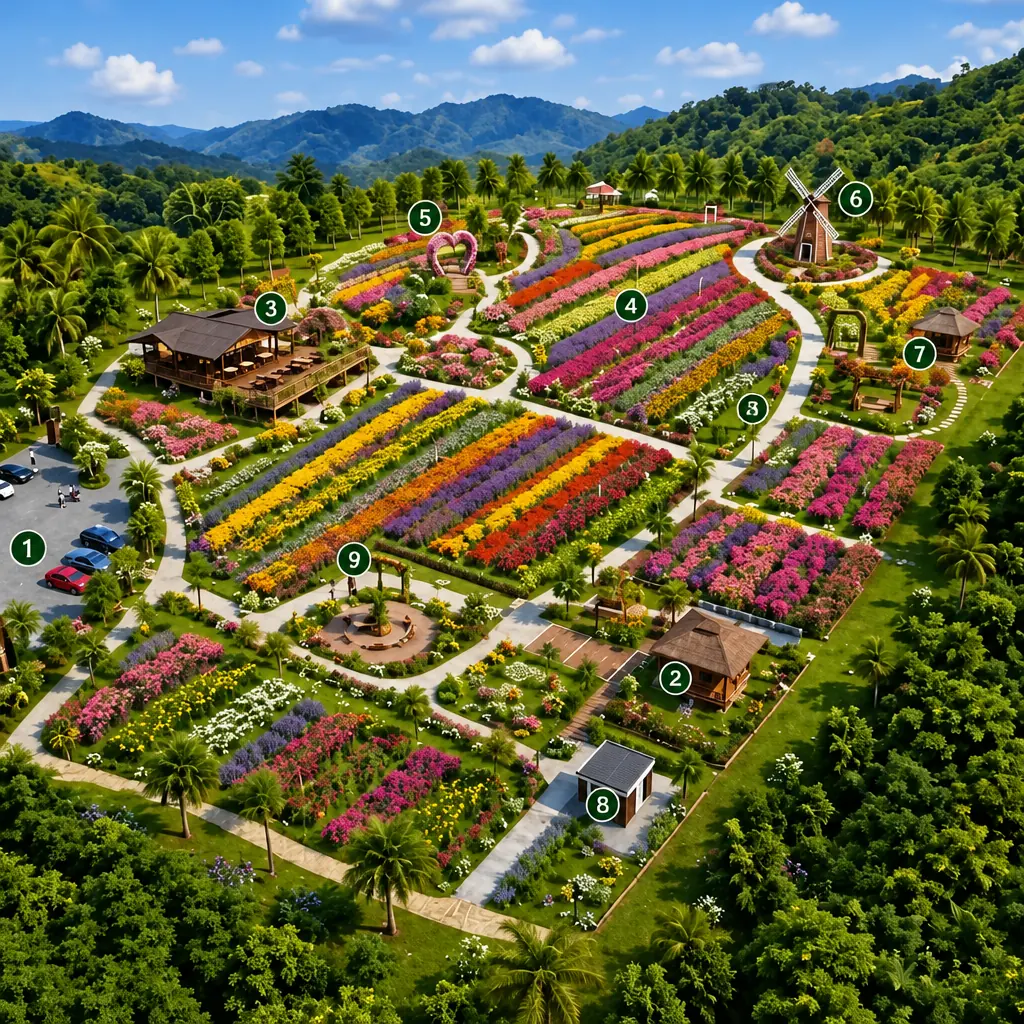 Illustrative AI image: concept aerial view of the flower garden with numbered markers