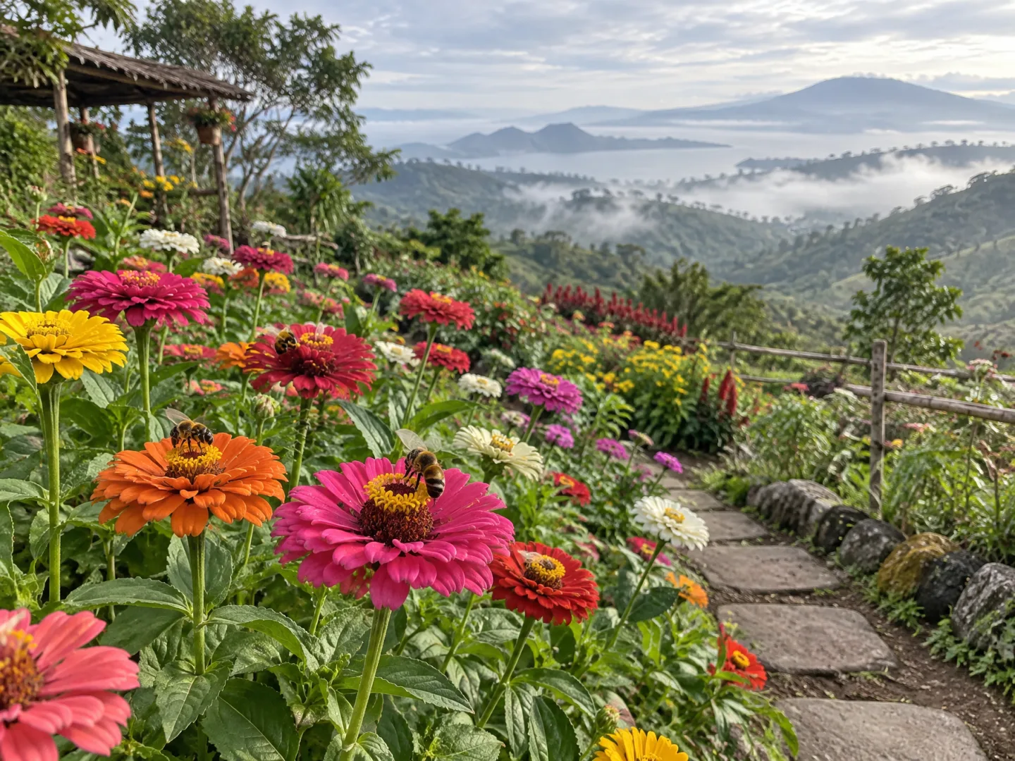 Illustrative AI image: mixed zinnias with bees beside a garden path