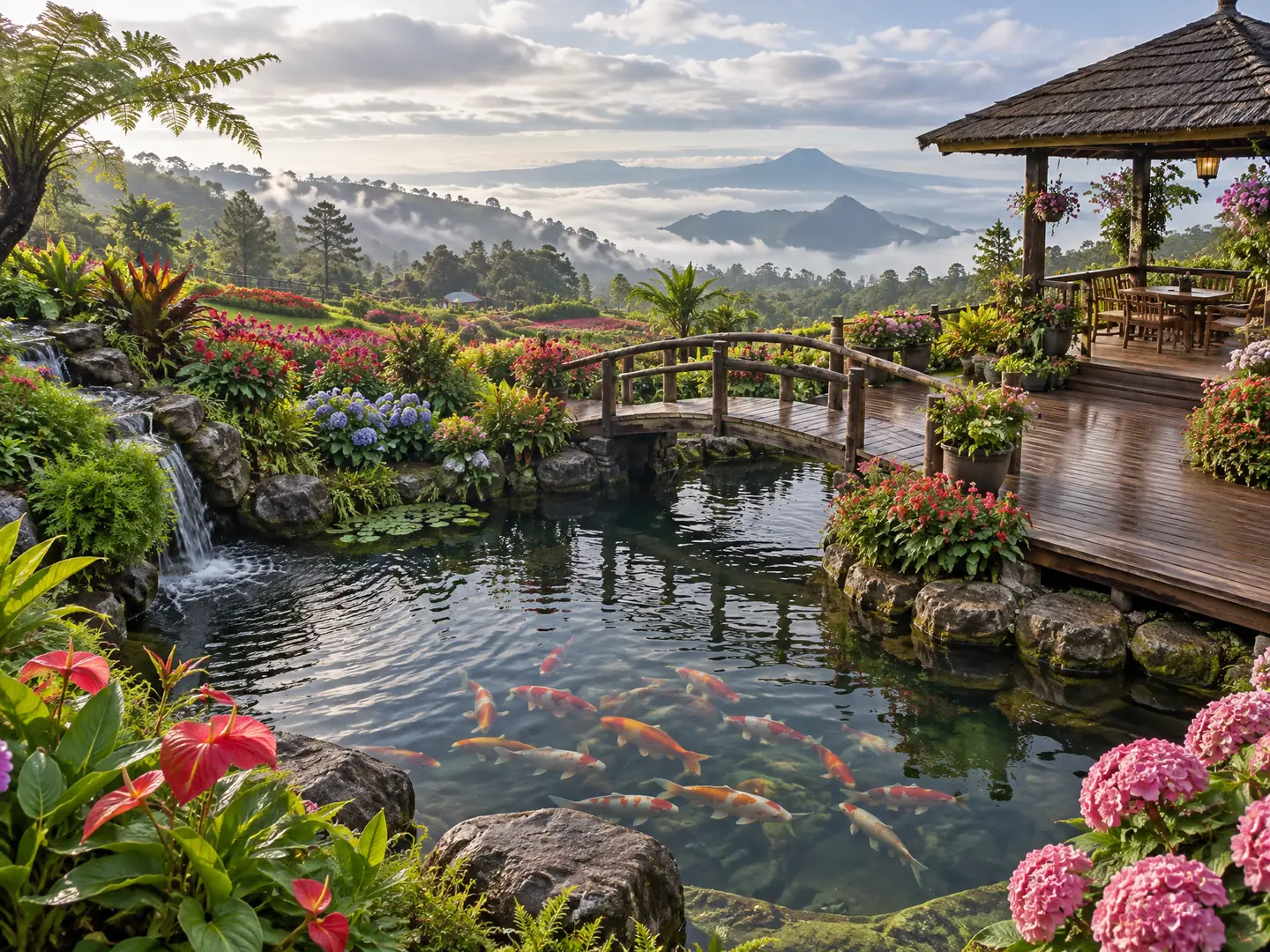 Illustrative AI image: koi pond with a wooden deck, small bridge and gazebo