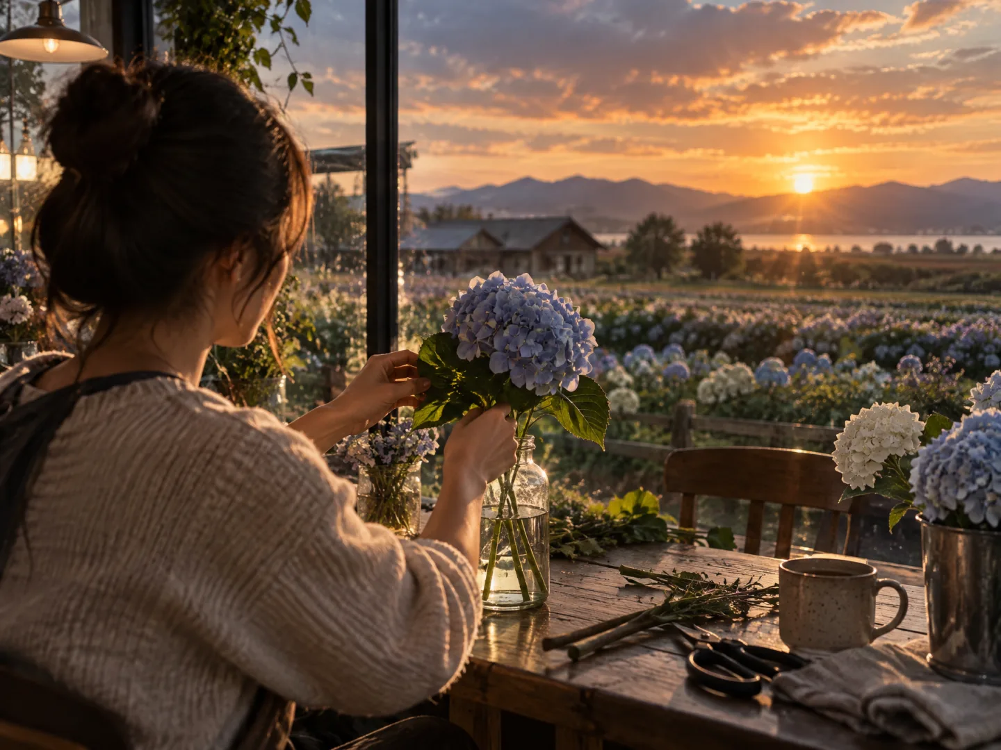 イメージ（AI生成）：ガラスの花瓶にアジサイを挿す受講生の肩越しの構図。カフェの窓の向こうには、ドラマチックな夕焼け空の下のフラワーファーム