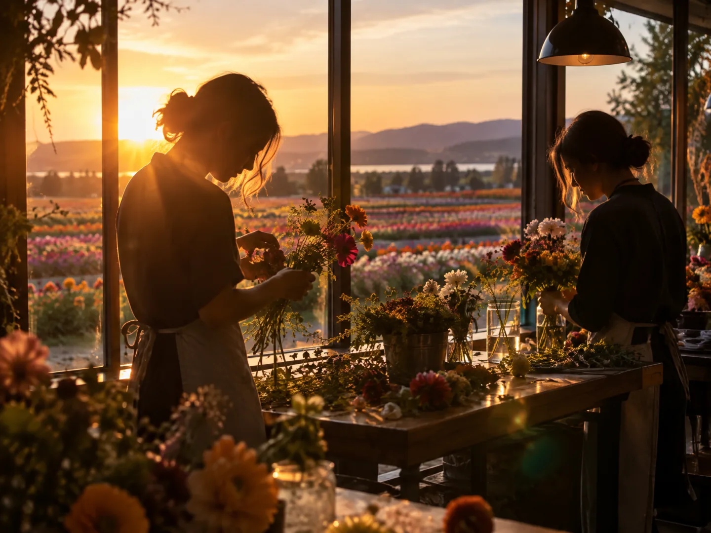 イメージ（AI生成）：夕焼けに輝くフラワーファームを背に、カフェの窓辺で花をアレンジする受講生たちのシルエット