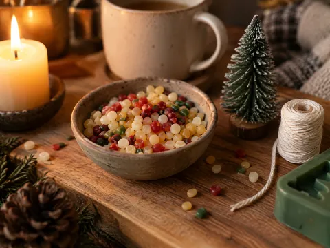 Illustrative AI image: a bowl of colourful wax pellets, a wick and a tiny pine tree on a wooden board