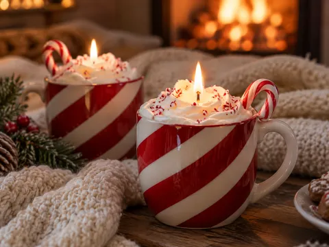 Illustrative AI image: candy-cane striped mug candles with whipped white wax topping