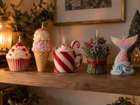 Illustrative AI image: five decorative candles in a row on a wooden shelf: cupcake, ice-cream cone, candy-cane mug, pine bouquet and mermaid tail