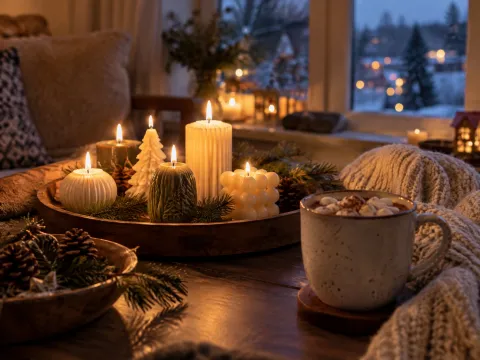 Illustrative AI image: a tray of finished decorative candles beside a mug of cocoa and pine branches