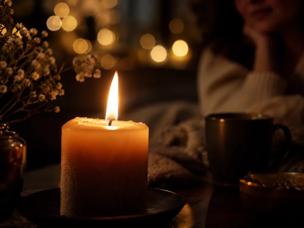 Illustrative AI image: a single lit candle flame with golden bokeh lights behind it