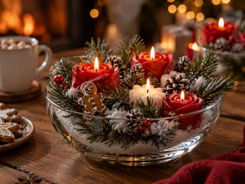 Illustrative AI image: a snowy pine and red rose candle bouquet in a glass bowl with a small gingerbread figure
