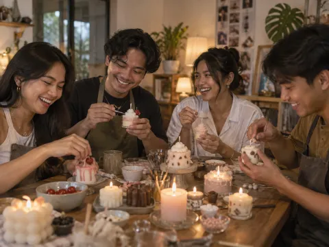 Illustrative AI image: four friends laughing around a candle-making table