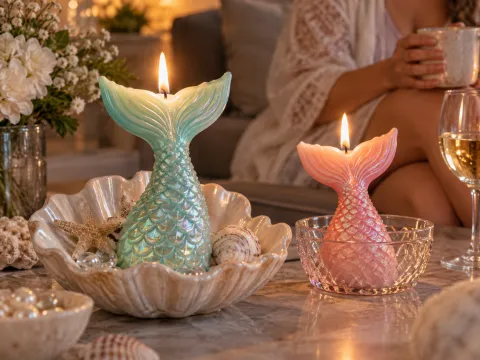 Illustrative AI image: two pastel mermaid-tail candles in a seashell dish and a glass bowl