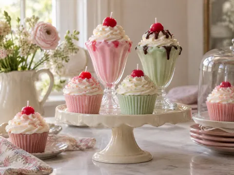 Illustrative AI image: ice-cream sundae and cupcake candles with whipped wax swirls and a cherry on top