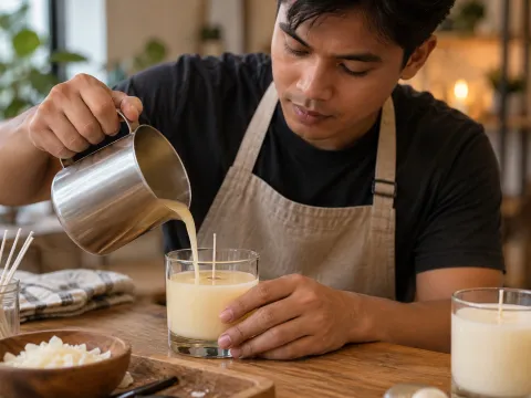 Illustrative AI image: hands carefully pouring cream wax from a small jug into a glass dish