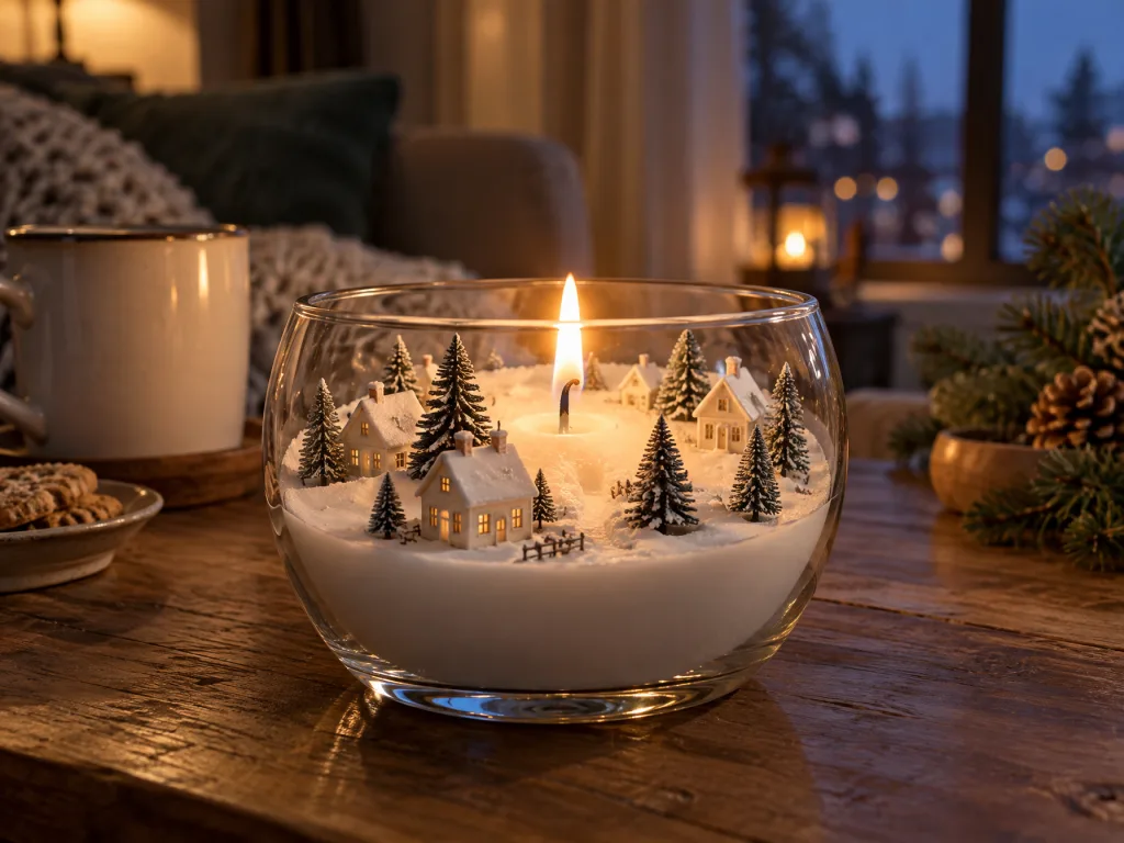 Illustrative AI image: a miniature winter-village candle bowl with tiny houses and pine trees on snow-white wax