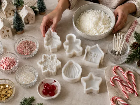 Illustrative AI image: overhead view of candle moulds, wax flakes, tiny houses, little pine trees and toppers on linen