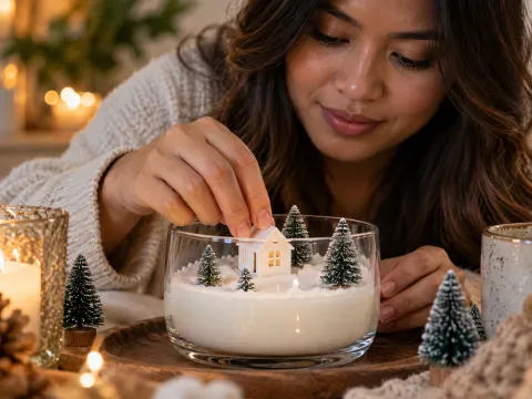 Illustrative AI image: hands placing a tiny house onto snowy wax in a glass bowl