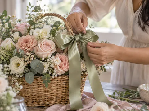 Illustrative AI image: hands tying a satin ribbon bow on the handle of a woven flower basket