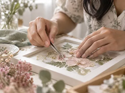Illustrative AI image: hands pressing tiny dried flowers into a white frame with tweezers