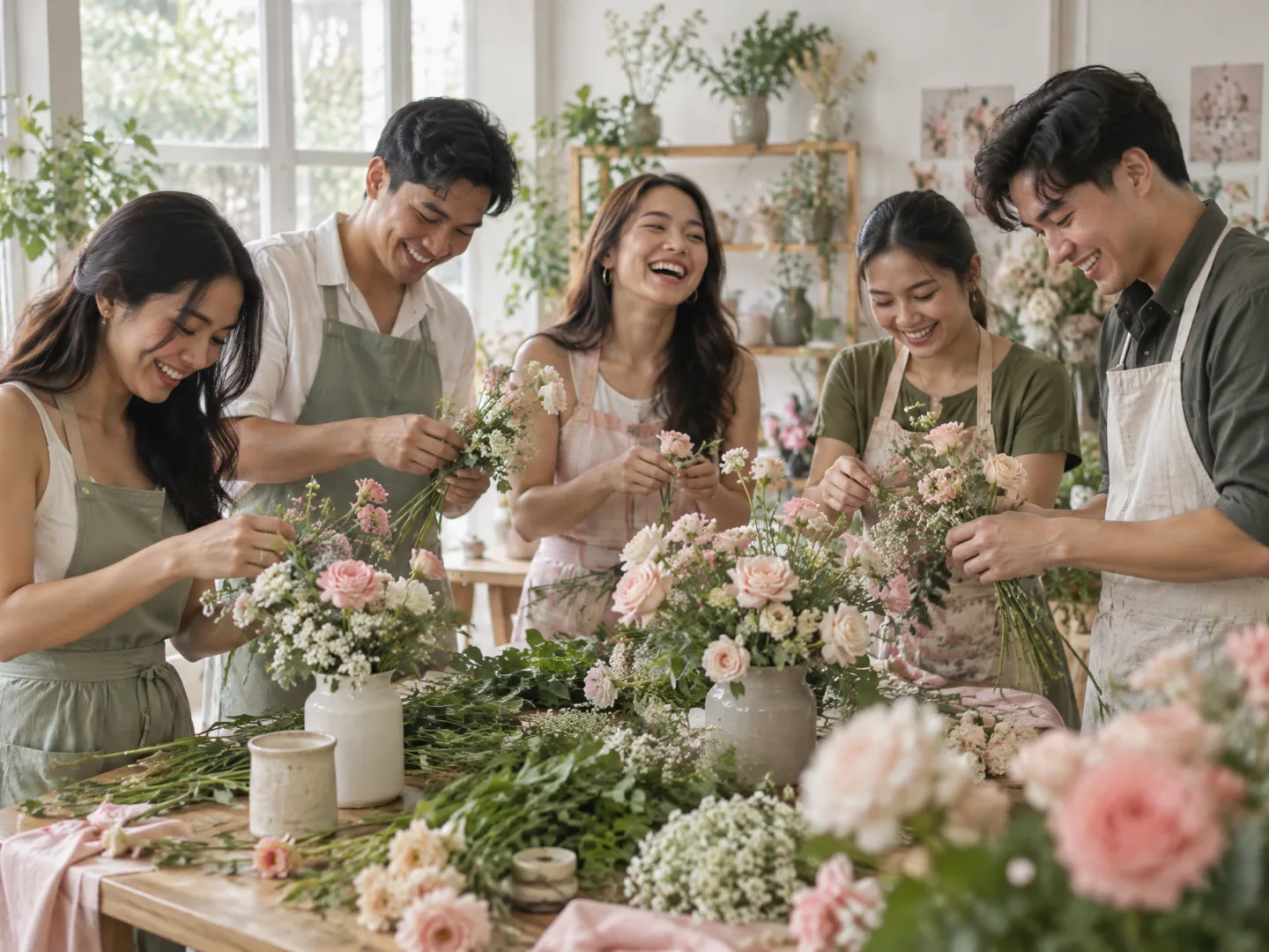 Illustrative AI image: young adult friends laughing while arranging flowers at a long table