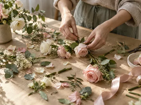 Illustrative AI image: loose petals, leaves and cut stems scattered on kraft paper beside a ribbon curl