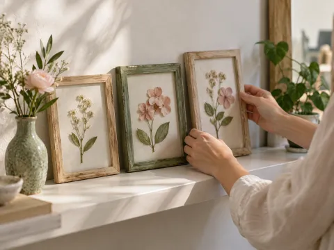 Illustrative AI image: three small framed pressed-flower pieces leaning on a shelf beside a bud vase