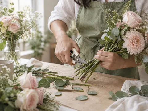 Illustrative AI image: hands trimming flower stems with floral shears over kraft paper